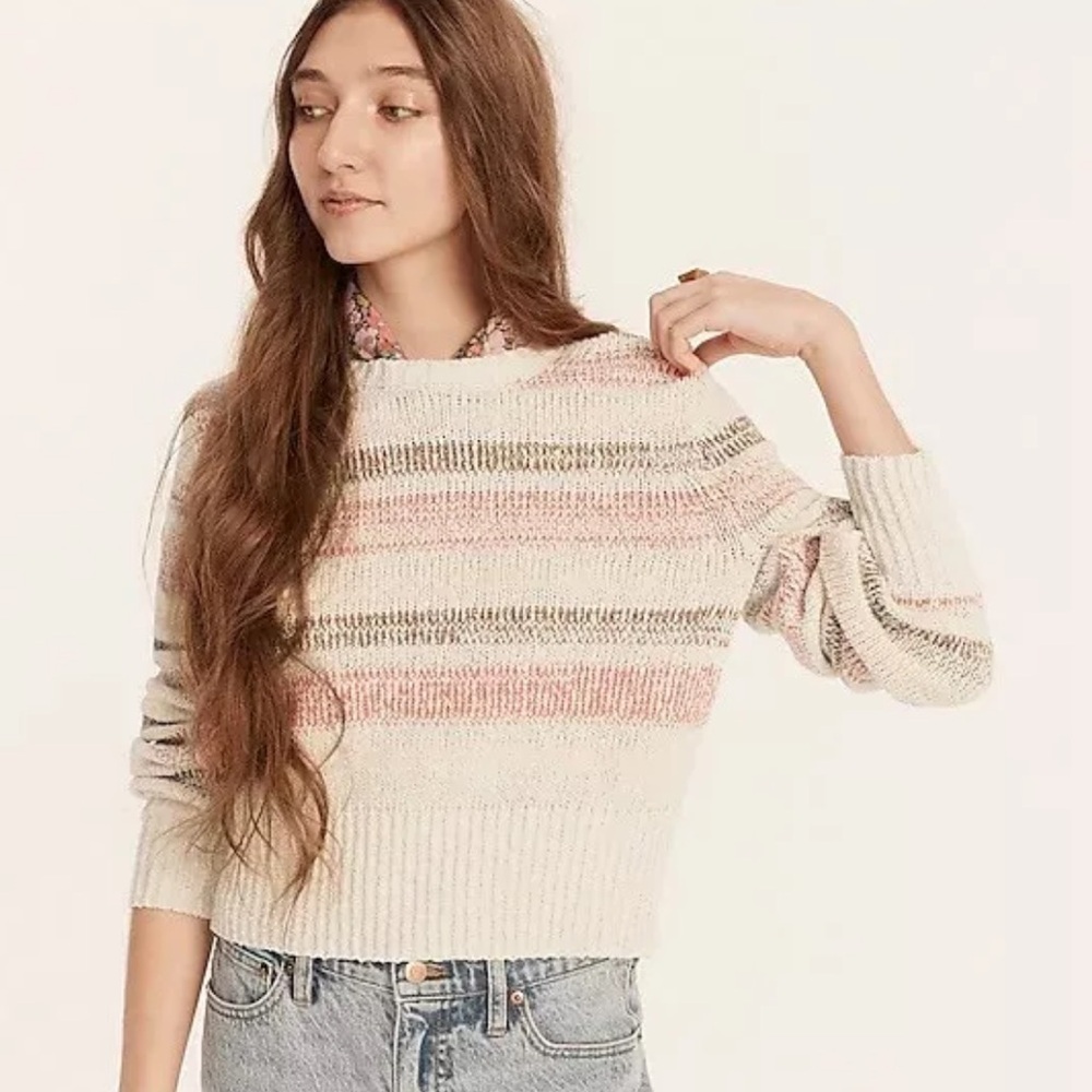 J. Crew Boucle Crewneck Sweater in Wide Stripe Ivory Cotton Pullover